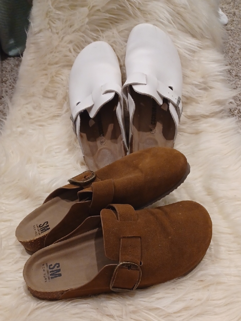 SM New York Chestnut Brown Suede Buckle Clogs